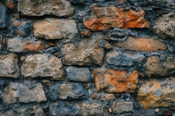 Obraz premium A detailed view of a stone wall that has been painted orange. This image can be used to add a pop of color to design projects or to symbolize creativity and uniqueness