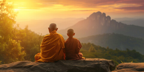 Serene warrior find spirituality and wellbeing. Mental health concept. Two Buddhist monks young child and old senior man in meditation zen look at sunset or sunrise background on high mountain - obrazy, fototapety, plakaty