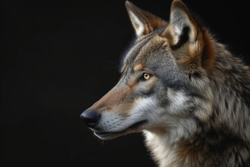 Naklejka na ściany i meble A detailed close-up of a wolf against a black background. Perfect for wildlife enthusiasts or those looking for a bold and striking image for their projects
