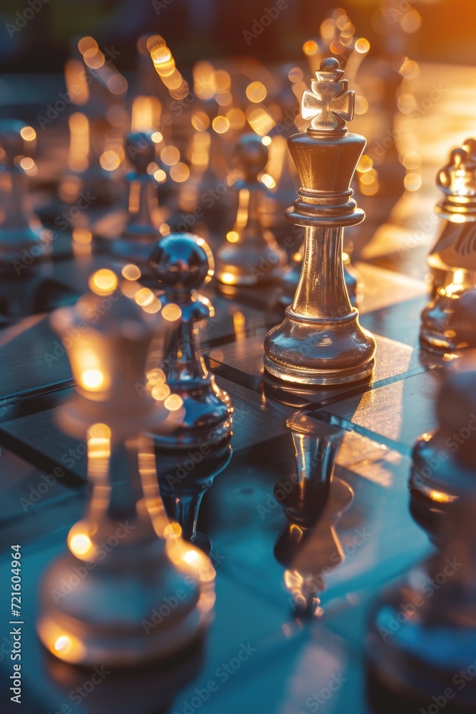 Poster A detailed close-up of a chess board with multiple pieces. Perfect for illustrating strategy, competition, or the game of chess itself