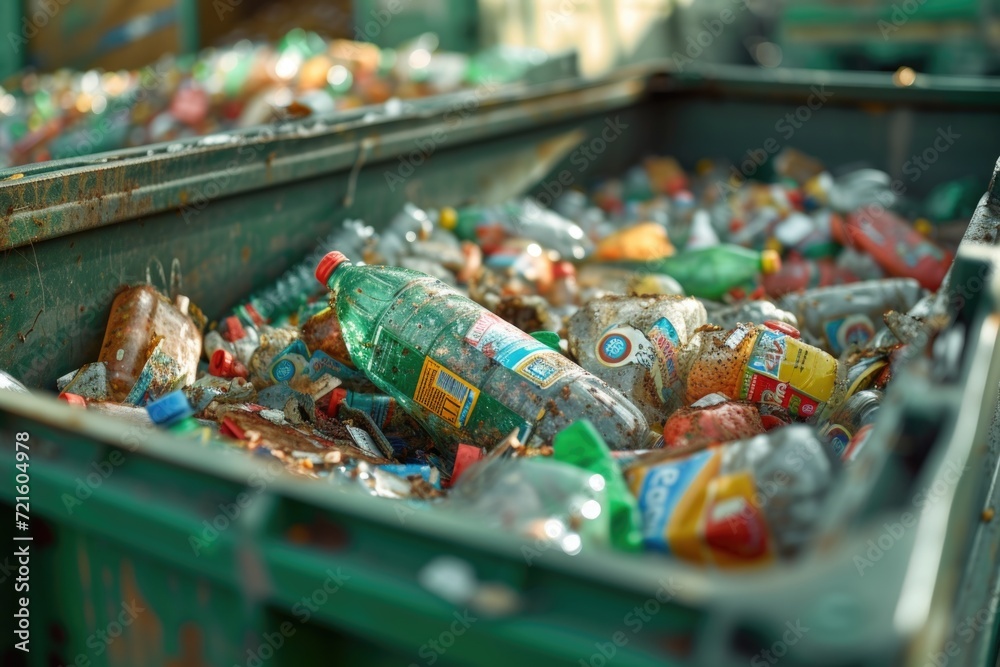 Poster a green bin filled with lots of empty bottles. perfect for recycling and sustainability concepts