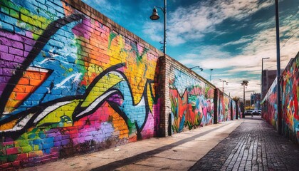 Colorful graffiti on a brick wall on a city street.