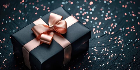 Obraz premium A black gift box with a delicate pink ribbon. Perfect for any occasion or celebration