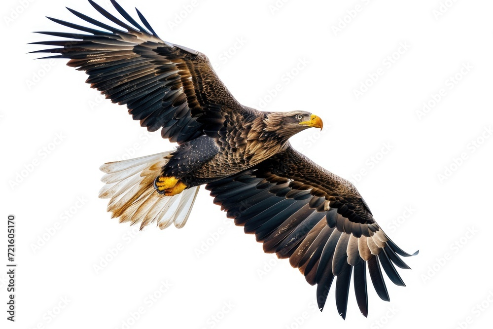 Poster a large bird flying through the sky with its wings spread. suitable for nature and wildlife themes