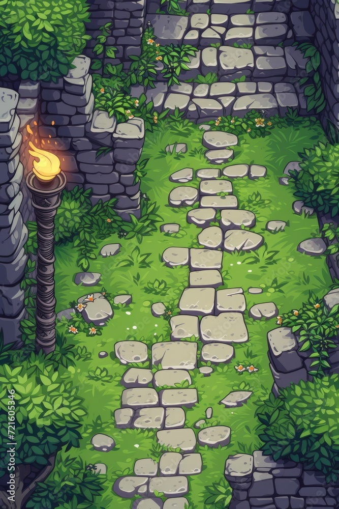 Poster A stone path illuminated by a torch. Perfect for adding a touch of mystery and adventure to your projects