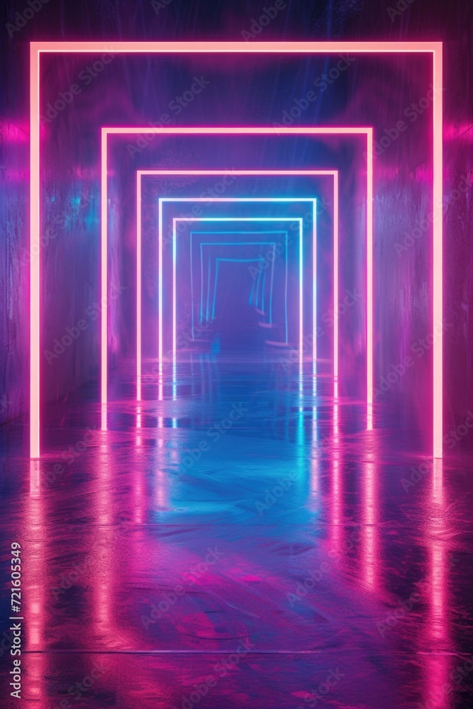 Poster An empty room illuminated by vibrant neon lights. Perfect for adding a modern and edgy touch to any project or design