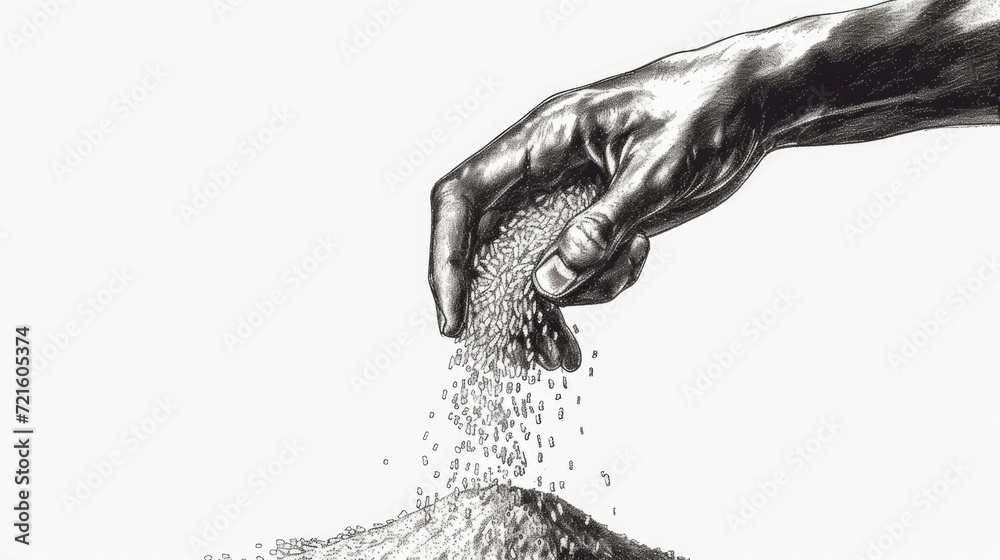 Poster a hand is shown in this drawing, sprinkling sand. this image can be used to represent concepts like 