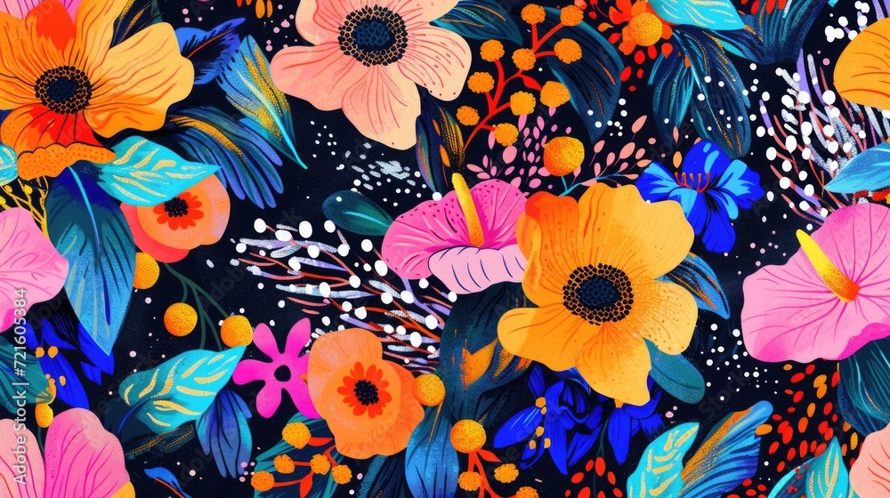 Poster A vibrant and eye-catching floral pattern set against a sleek black background. Perfect for adding a pop of color to any design or project