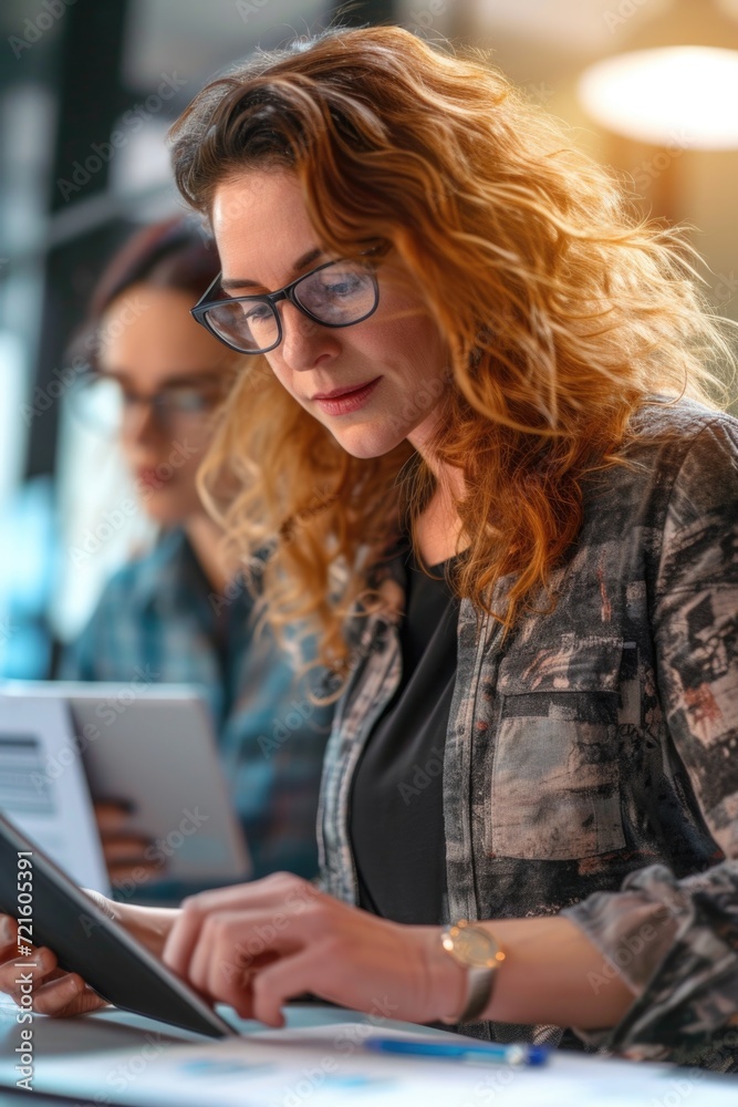Poster a woman wearing glasses is using a tablet computer. this picture can be used to illustrate technolog
