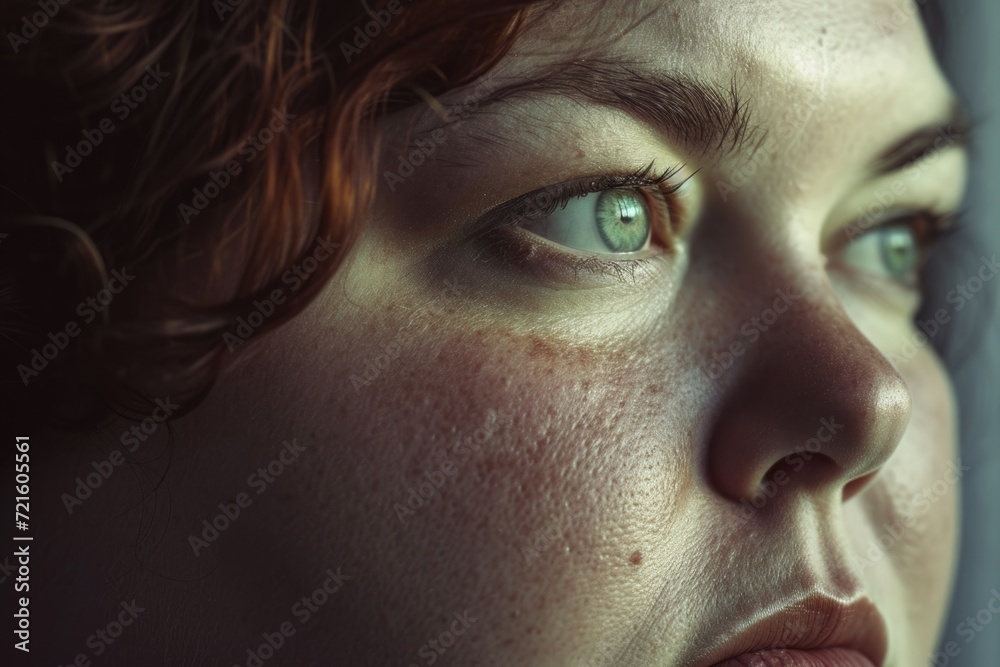Poster a close-up view of a woman's face with freckles. this image can be used to showcase natural beauty o