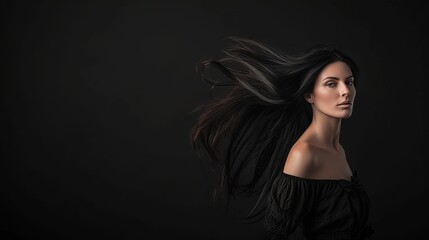 Stunning model with long black hair on black background, copy space for text, hair care concept.