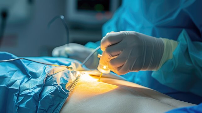 A person is performing surgery on a patient. This image can be used to depict medical procedures or healthcare concepts