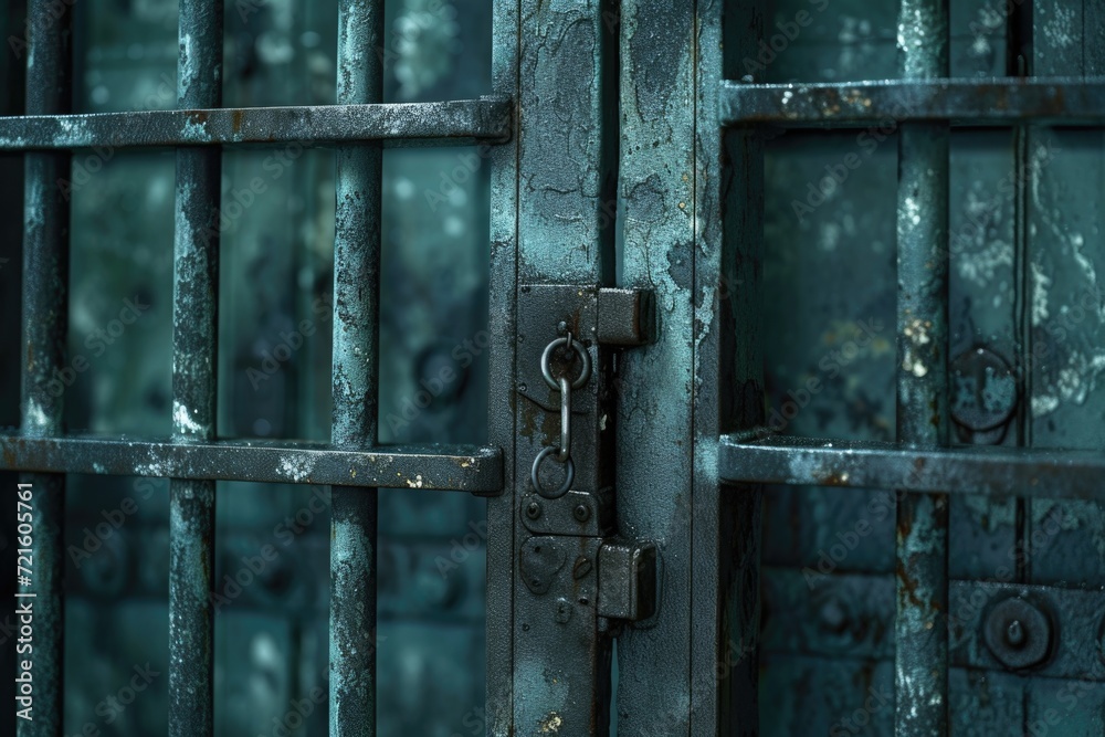 Poster a detailed close-up view of a metal door with a lock. this image can be used to depict security, pro