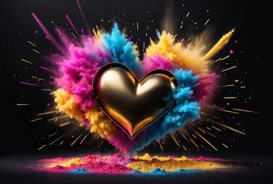 bright poster greeting card with golden heart and explosion of colorful holi powder