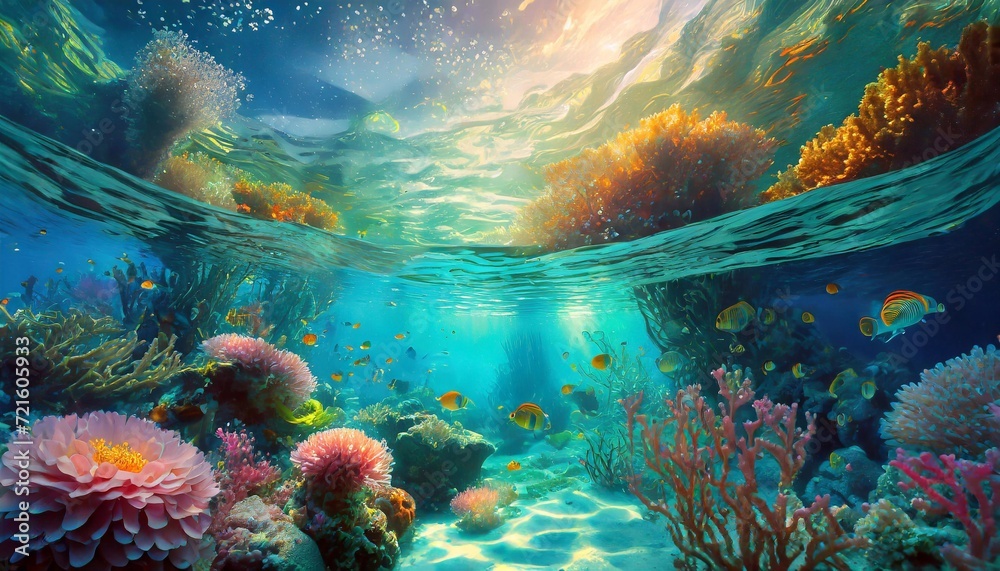 Wall mural Underwater view of coral reef and tropical fish.