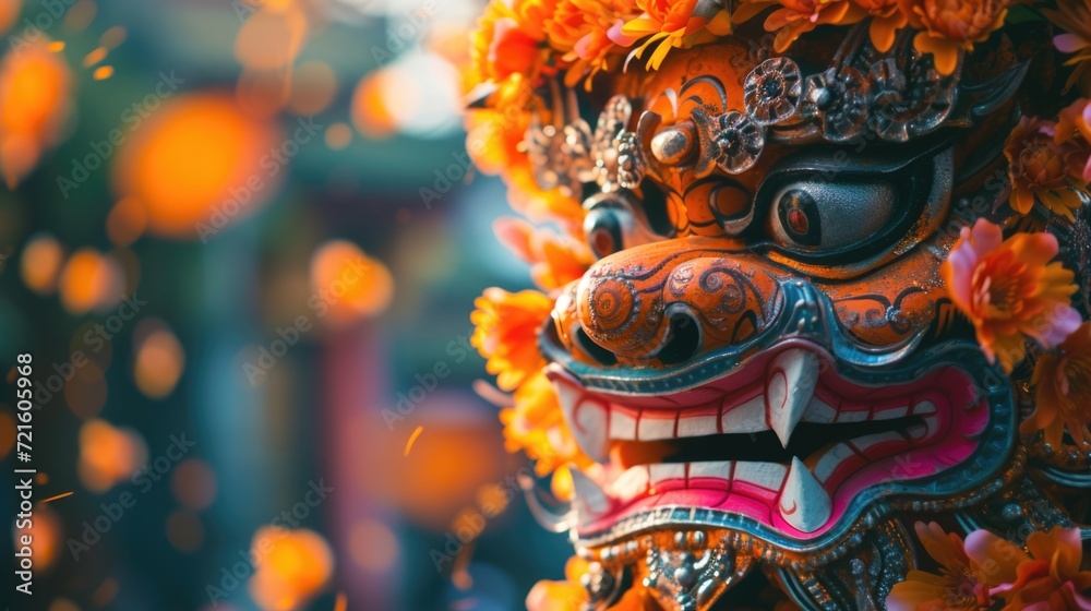 Poster A close-up image of a mask adorned with beautiful flowers. Perfect for adding a touch of elegance and mystery to any project