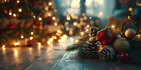Christmas decorations and lights arranged on a wooden table. Can be used for festive holiday themes and celebrations