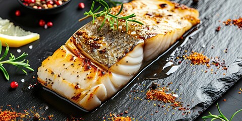 Grilled piece of sea white fish on the table with lemon delicious healthy food