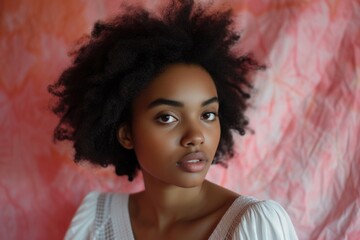 A beautiful young woman with an afro looking directly at the camera. Suitable for various projects and designs