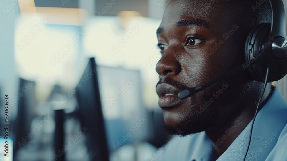 Aufkleber A man wearing a headset sits in front of a computer. This image can be used to depict customer service, technical support, or remote work