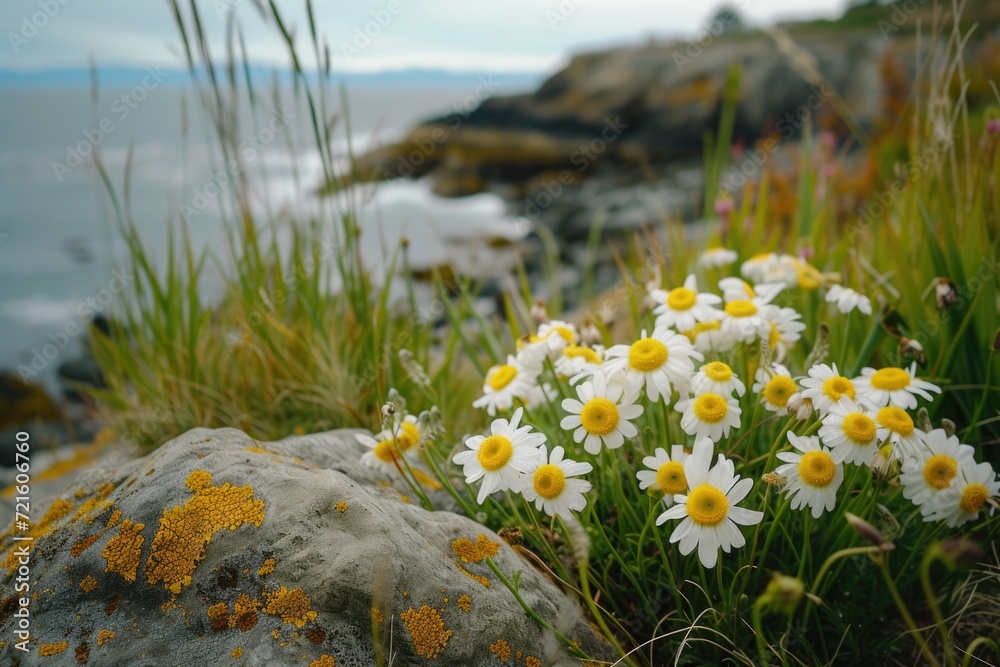 Poster a beautiful arrangement of white and yellow flowers resting on a rock. perfect for adding a touch of