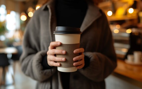 Person holding a coffee cup in a cafe setting,close up