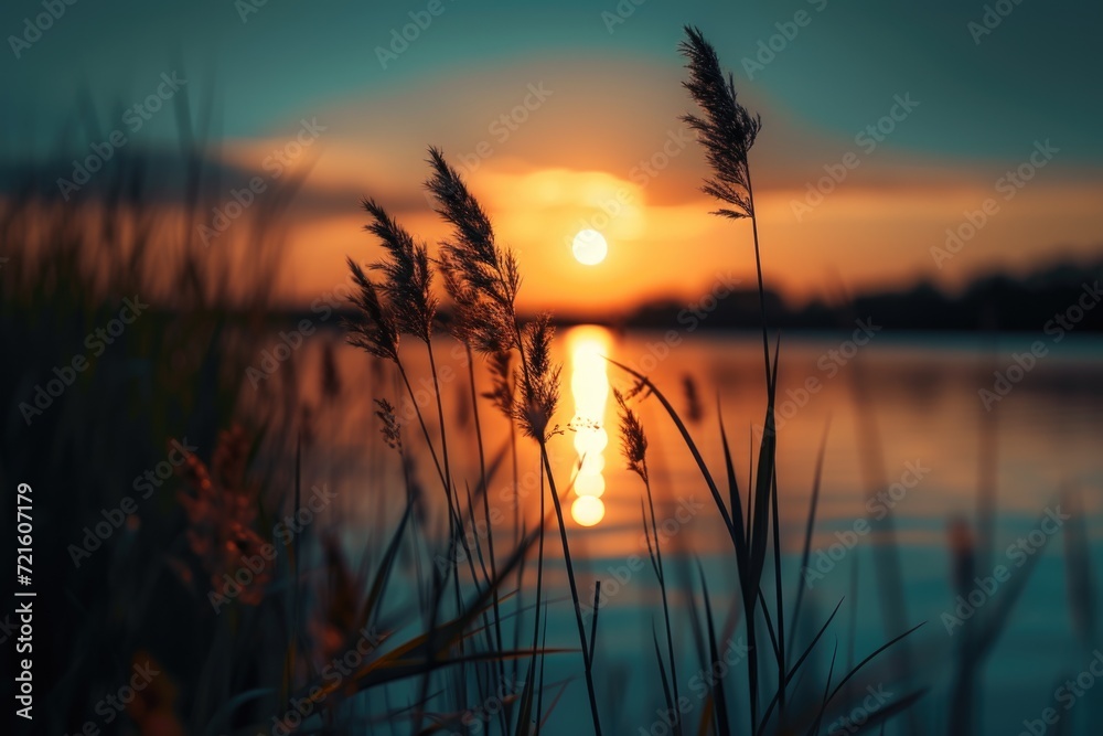 Poster A beautiful sunset over a serene body of water. Perfect for adding a peaceful and calming touch to any project