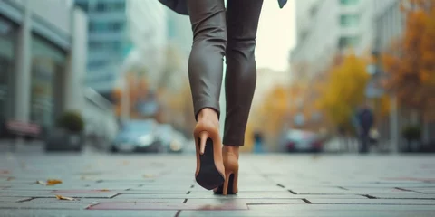 Foto op Plexiglas A woman confidently walks down a sidewalk in high heels. Perfect for fashion, lifestyle, and urban city themes © Fotograf