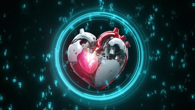 Digital Heart Shape 3d Heart Beating Animation. Artificial Intelligence Heart Pulsing Animation Health Care Concept , Medical Heart Beating With Matrix Computer Data. Digital Human Heart Animation, Ai