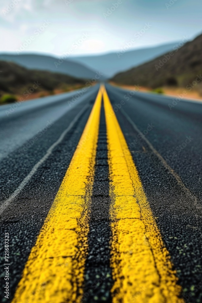 Poster a scenic view of a yellow line on a road with majestic mountains in the background. suitable for tra