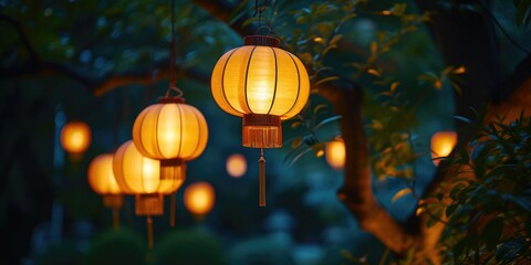 Lanterns hanging from a tree, suitable for outdoor decorations