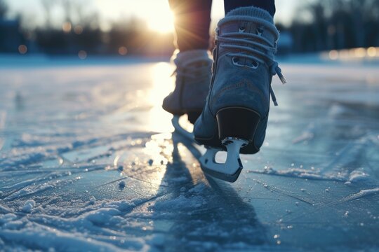 A close up image of a person's shoes on a frozen surface. Perfect for winter-themed designs and outdoor adventure concepts