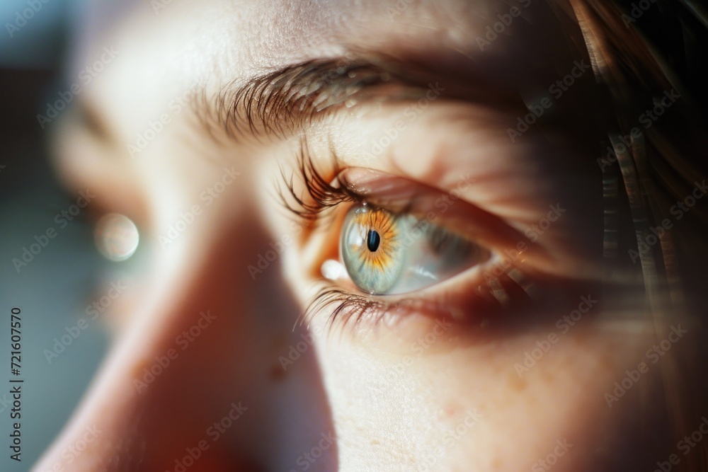 Poster a close-up view of a person's eye with a ring on it. this image can be used to represent concepts su