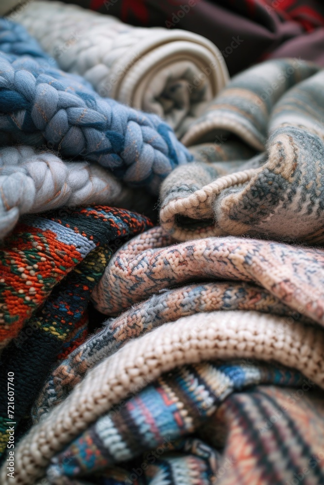 Poster A pile of neatly stacked sweaters. Perfect for showcasing different colors and styles. Ideal for fashion websites, blogs, or clothing catalogs