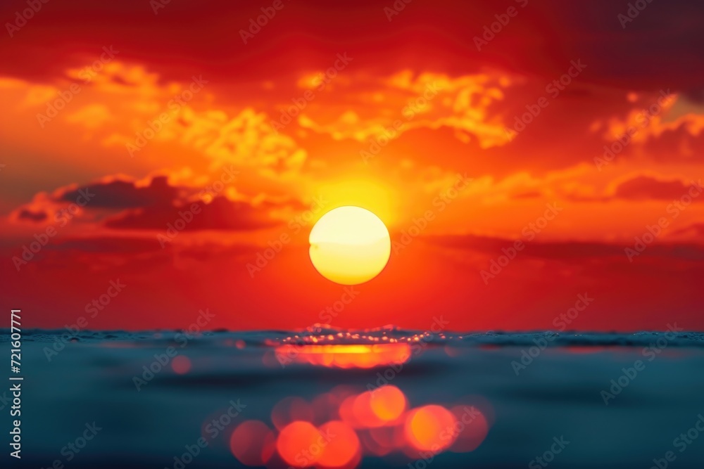 Poster a stunning view of the sun setting over the ocean on a cloudy day. perfect for travel or nature-rela