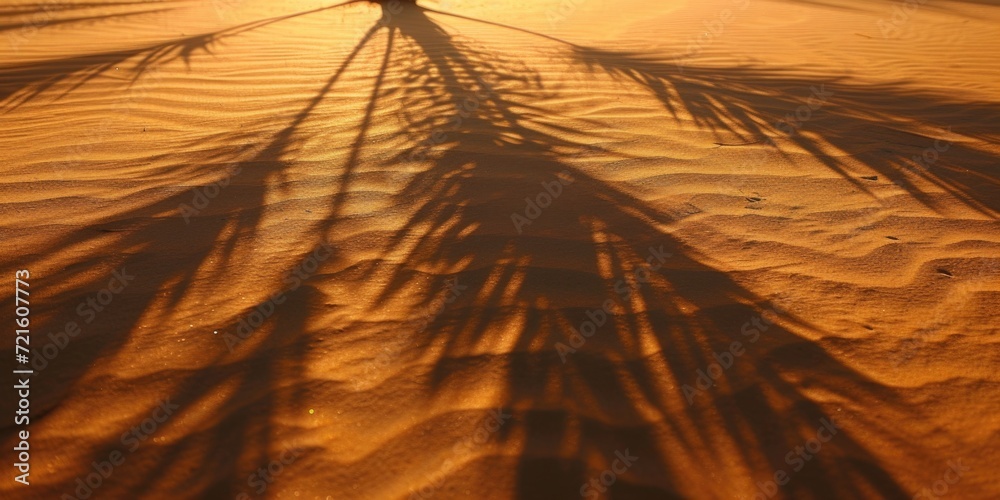 Poster palm tree shadow cast on the sand. perfect for beach-related themes and tropical concepts