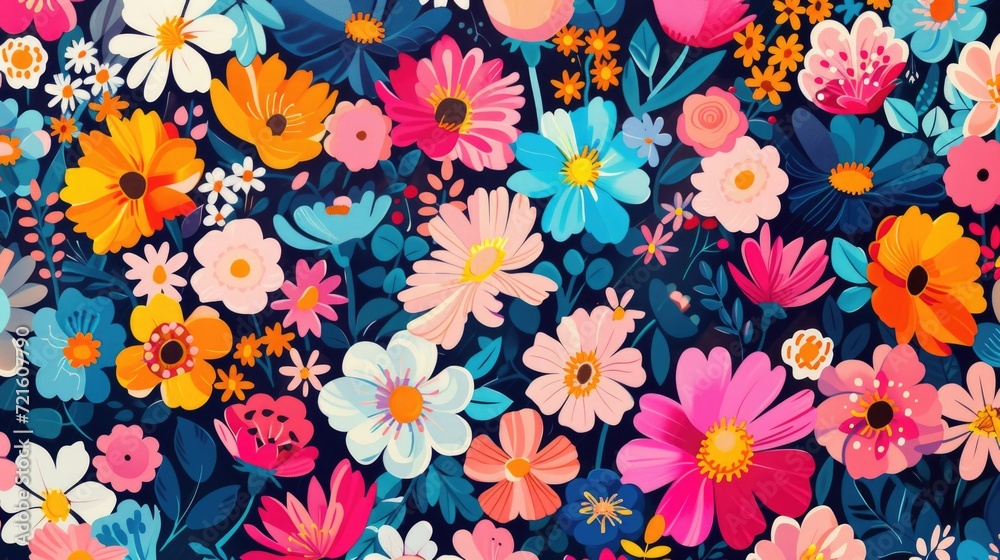 Poster Colorful flowers arranged in a bunch on a vibrant blue background. Perfect for adding a pop of color to any project or design