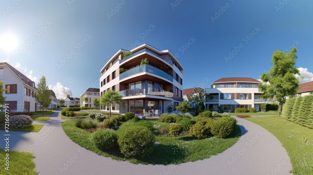 Poster A 3D rendering of a modern apartment complex. Perfect for showcasing architectural designs or real estate concepts
