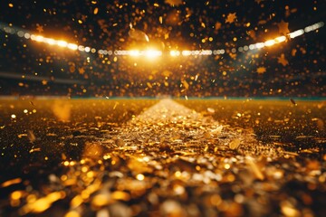A baseball field covered in gold confetti. Perfect for celebrating a victory or special event.