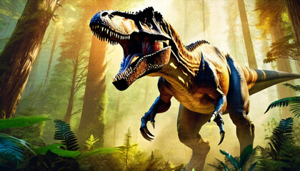 Dinosaur: Tyrannosaurus rex with powerful jaws open, ferocious might of the t-rex	

