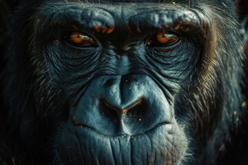 A detailed close-up of a gorilla's face featuring vibrant orange eyes. Ideal for wildlife enthusiasts and animal lovers