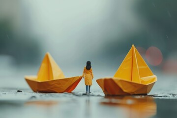 A little girl standing in front of a row of paper boats. Perfect for summer-themed projects or children's illustrations