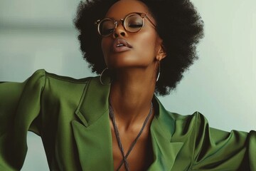 Close up portrait of young African American woman in green silk jacket against grey studio background. Beautiful sexy black model with afro hairstyle looks seductively at camera with her head tilted.