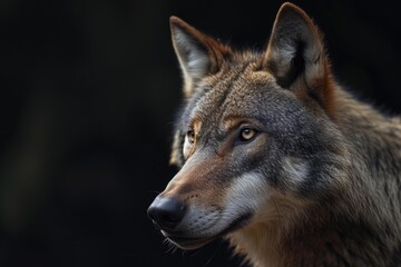 Naklejka na ściany i meble A close-up shot of a wolf's face against a dark background. Perfect for wildlife enthusiasts and animal lovers.