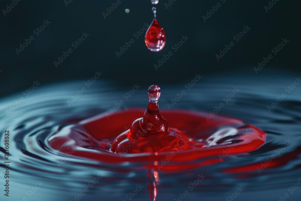 Poster A single drop of red liquid falls into a pool of water. This image can be used to depict concepts such as mixing, blending, or the introduction of a new element