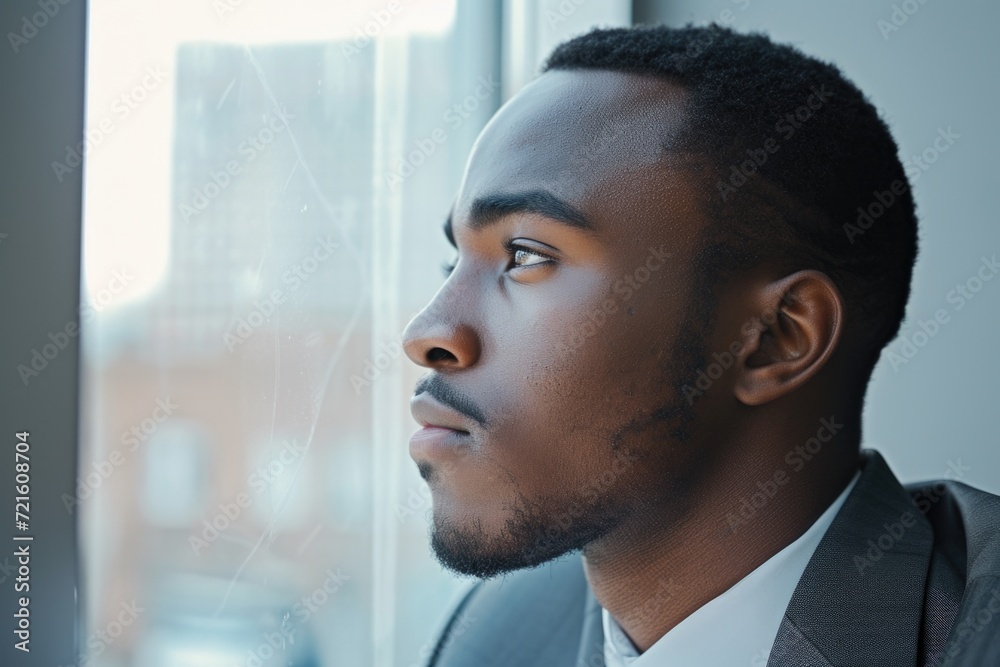 Poster a man dressed in a suit is standing by a window, gazing outside. this image can be used to depict co
