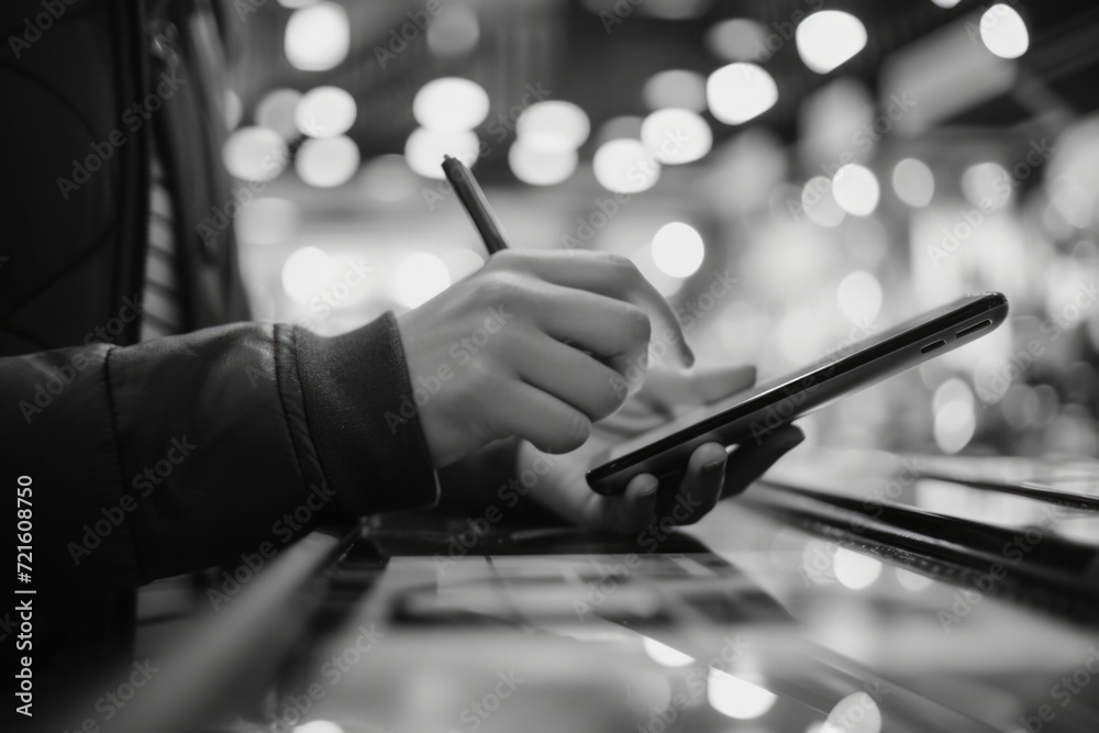 Aufkleber A person is using a pen to write on a cell phone. This image can be used to depict taking notes, writing messages, or jotting down important information on a mobile device
