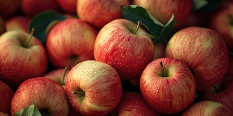 A pile of vibrant red apples with fresh green leaves. Perfect for illustrating healthy eating, autumn harvest, or farm-to-table concepts