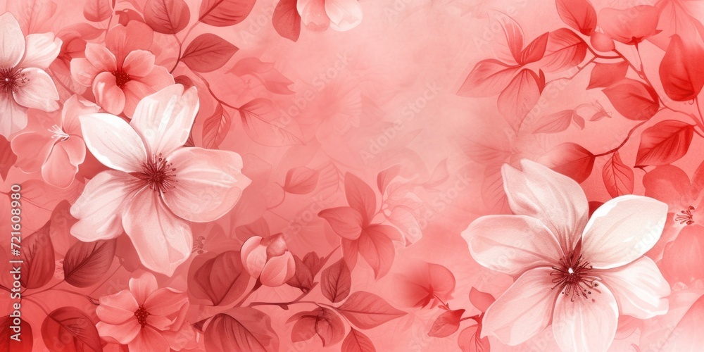 Poster a vibrant red and white background featuring beautiful flowers and leaves. perfect for adding a touc