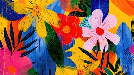 A vibrant painting of various colorful flowers set against a bright yellow background. Perfect for adding a pop of color to any space